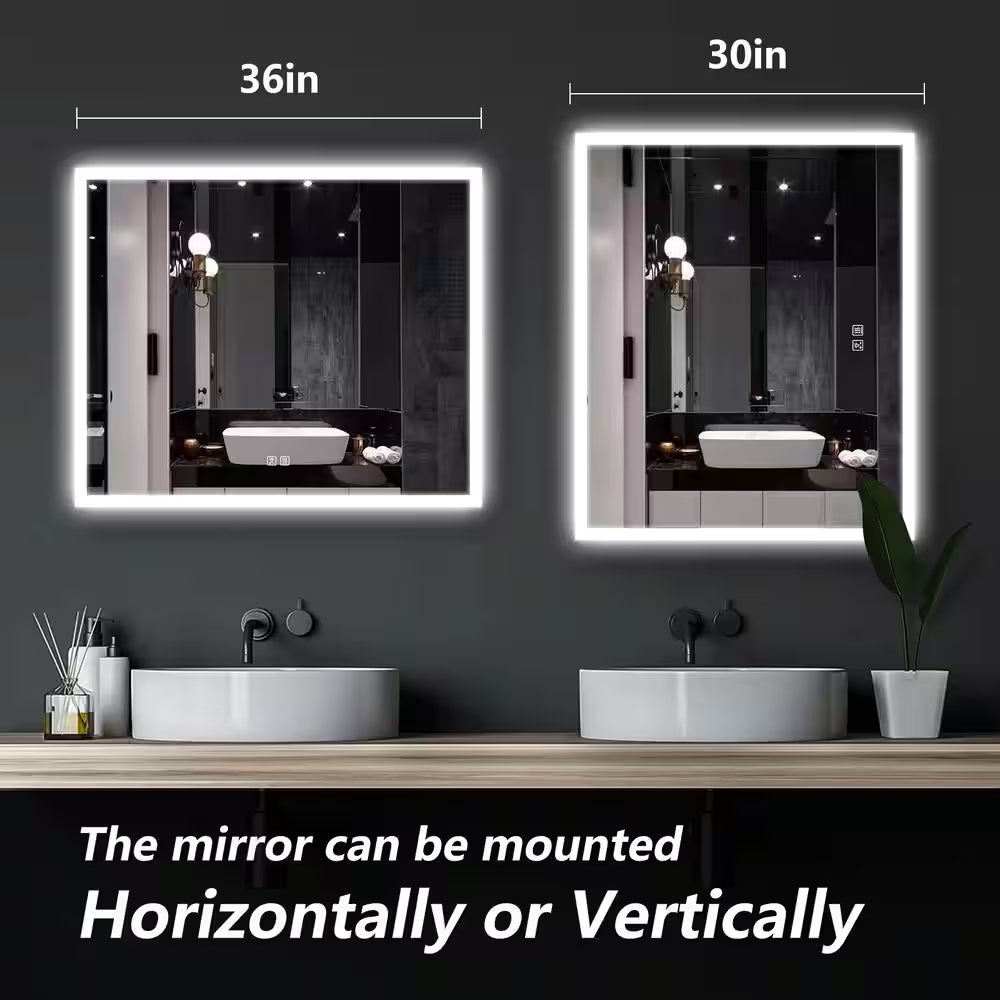 36 In. W X 30 In. H Rectangular Frameless LED Light with 3-Color and Anti-Fog Wall Mounted Bathroom Vanity Mirror