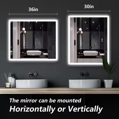 36 In. W X 30 In. H Rectangular Frameless LED Light with 3-Color and Anti-Fog Wall Mounted Bathroom Vanity Mirror