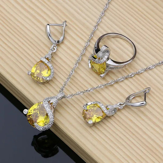 Drop 925 Sterling Silver Jewelry Sets Yellow Topaz for Bride Women Earring Rings Bracelet Fashion Decoration Wedding Jewelry