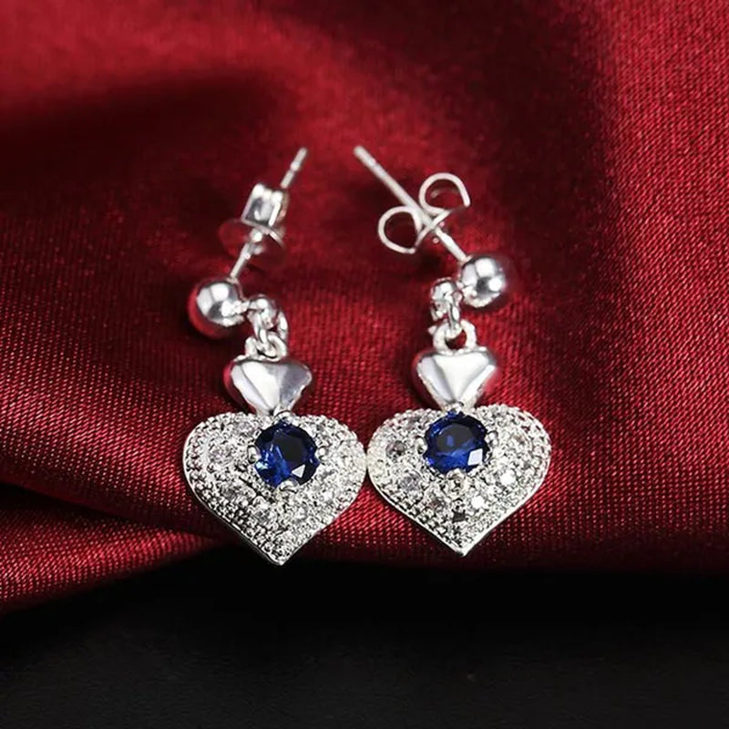 925 Sterling Silver Heart Blue Zircon Crystal Pendant Necklace Earrings for Women Party Wedding Jewelry Set