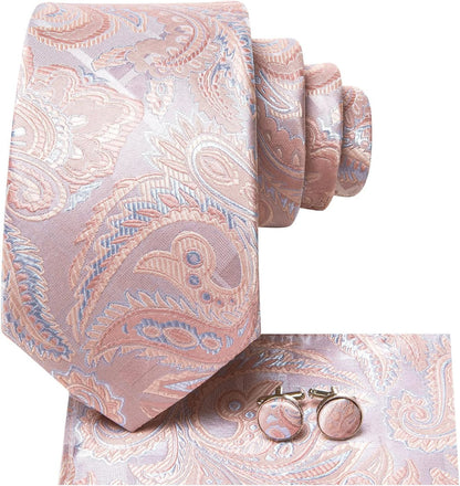 Mens Tie Set Silk Striped Woven Necktie with Lapel Pin Pocket Square Cufflinks Set for Wedding Party