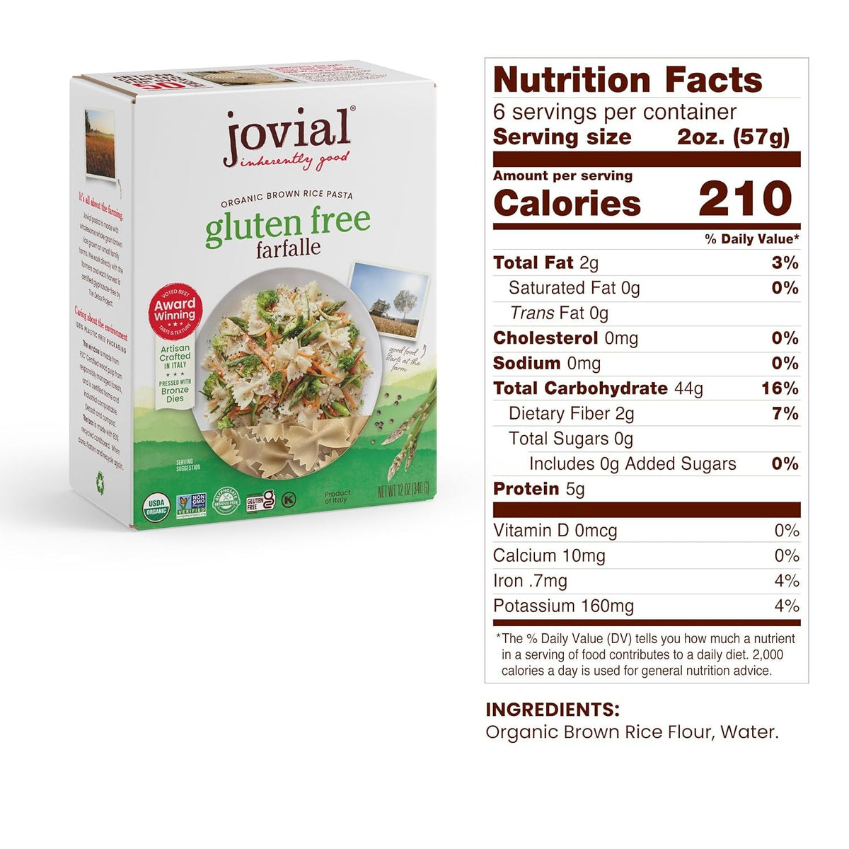 Whole Grain Brown Rice Farfalle Pasta - Whole Grain Pasta, Organic, Gluten Free, Dairy Free, Brown Rice Pasta, Made in Italy - 12 Oz, 4 Pack