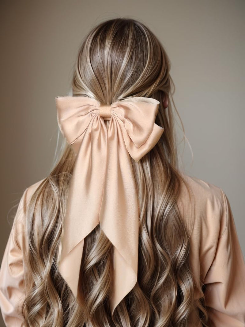 Big Bow Barrettes and Satin Hair Pins with Long Ribbon Tails - Party and Casual Hair Accessories for Women and Girls in Apricot