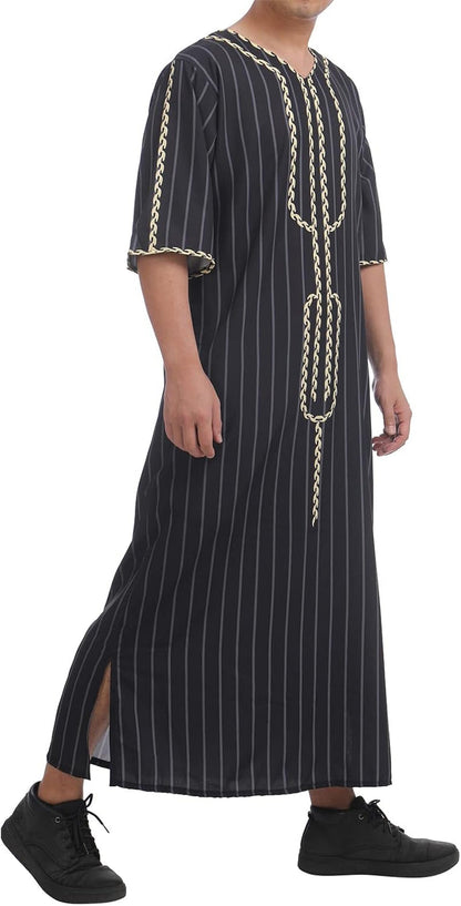 Men Muslim Thobe Middle East Saudi Arabic Robe Long Sleeve Kaftan Embroidered Islamic Arabic Abaya Prayer Clothes