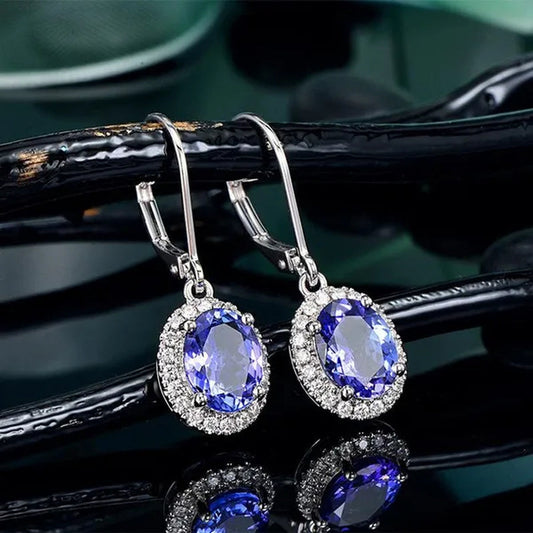 Exquisite 4 Prong Setting Oval Blue Sapphire Side Micro Inlay Diamond Drop Earring for Women Engagement Wedding Jewelry