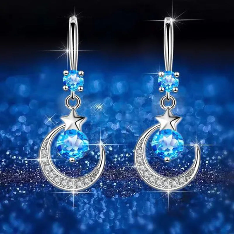 Female Fashion Star Moon Earrings Silver Plated Pink Blue White Cubic Zirconia Dangle Earrings Bride Wedding Engagement Anniversary Valentine's Day Gift Jewelry