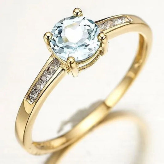 Woman's Round Cut Blue Aquamarine Golden Wedding Ring Wedding Ceremony Party Fancy Shaped Women Rings with Shiny CZ Daily Wear Fashion Jewelry