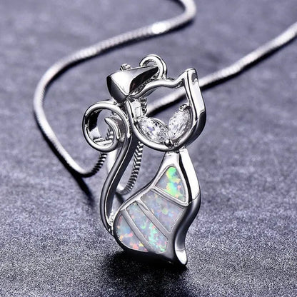 Fashion Elegant 925 Silver White Fire Opal Sapphire Cat Pendant Necklace Womens Jewelry Gifts