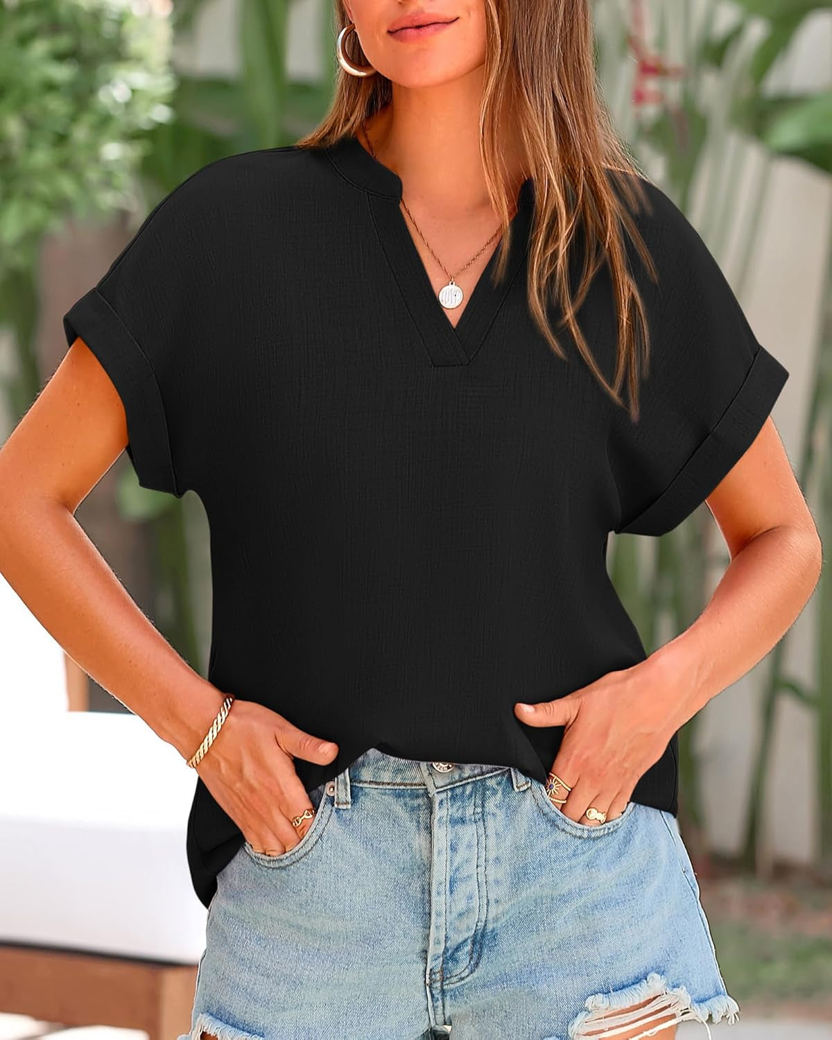 Womens Summer Tops 2025 V Neck Short Sleeve Tshirt Loose Flowy Tunics Solid Color Dressy Casual Blouse Shirts