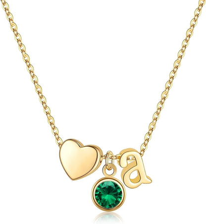 Initial Birthstone Necklace for Women, 14K Gold Plated Heart Initial Necklace Birthstone Necklace Heart Initial Birthstone Pendant Necklace Family Birthstone Necklace Birthday Gifts for Women