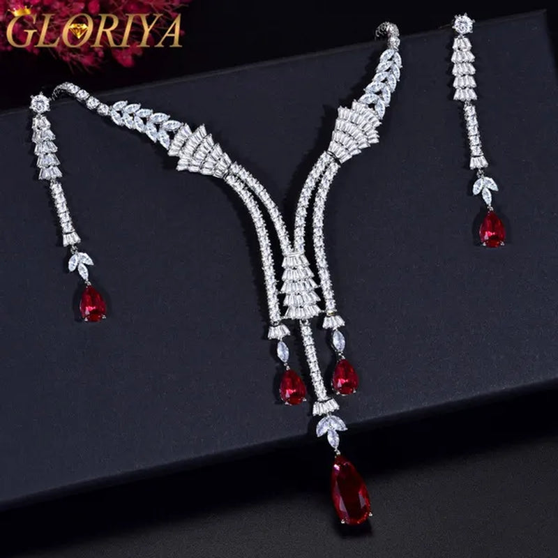 Gloriya Noble Wedding Banquet Jewelry Set Dress Accessories Full CZ with Red Water Drop Gemstones Long Tassel Dangle Earrings and Choker Necklace Sets for Ladies