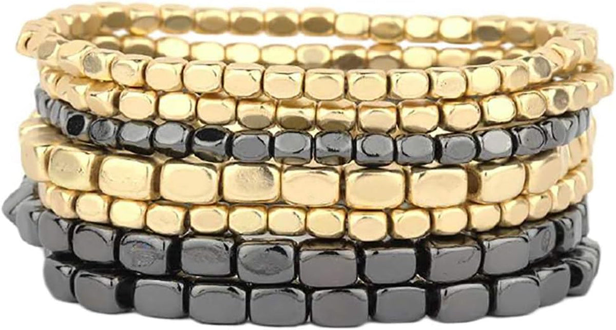 Chunky Nugget Multi-Strand Bracelet Beads - Silver & Gold Bracelets Stack for Casual & Formal Wear - Stylish Gold Beaded Bracelets for Women (Set of 7)