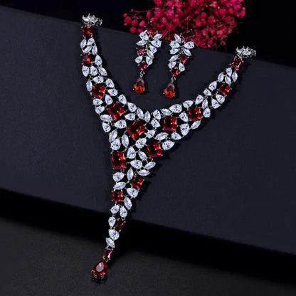 CANDICE Gorgeous Multi Cut Red Color CZ Stone Long Pendant Necklace Earrings Set for Bridal Women White Gold Plated Party Jewelry Set