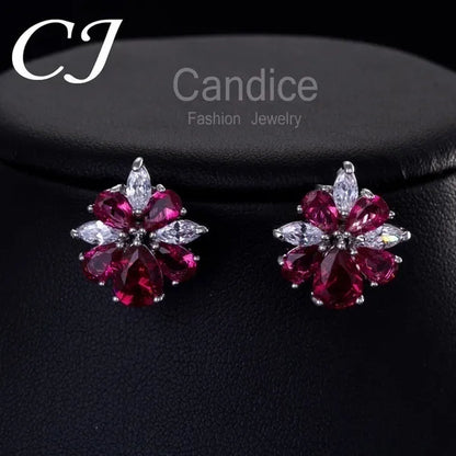 CANDICE White Gold Plated Marquise Red Zirconia Stone Necklace Earrings Sets for Wedding Luxury Party CZ Jewelry Set