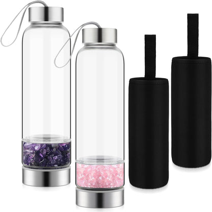 2 Pieces Crystal Glass Water Bottle with Gemstone Center Natural Amethyst and Rose Quartz Clear Water Bottle Quartz Crystal Cup Energy Cup for Healing and Wellness