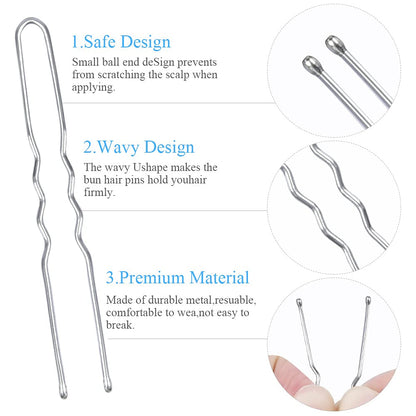 U Shaped Hair Pins,  2.4Inch Hair Pins for Women with Storage Box, Silver
