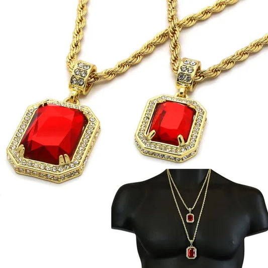 Men's 14k Gold Plated High Fashion 2 square Simulated Ruby Pendant  4mm 30" & 24" Rope chains Necklace
