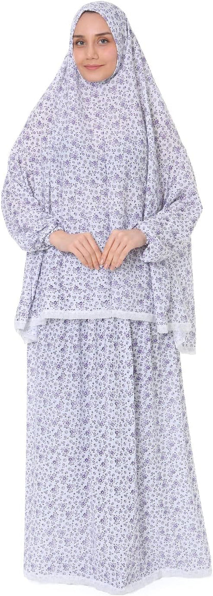 Islamic Dress for Women Prayer Clothes for Muslim Women 2 Piece Set Maxi Skirt with Hijab and Rosary Printed Dress