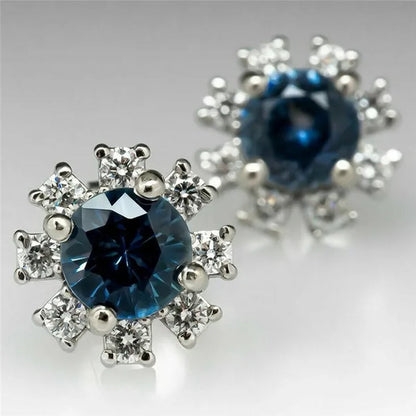 Delicate Silver Plated Round Cut Blue Sapphire Lab Diamond Snowflake Flower Stud Earrings for Women Daily Casual Accessories