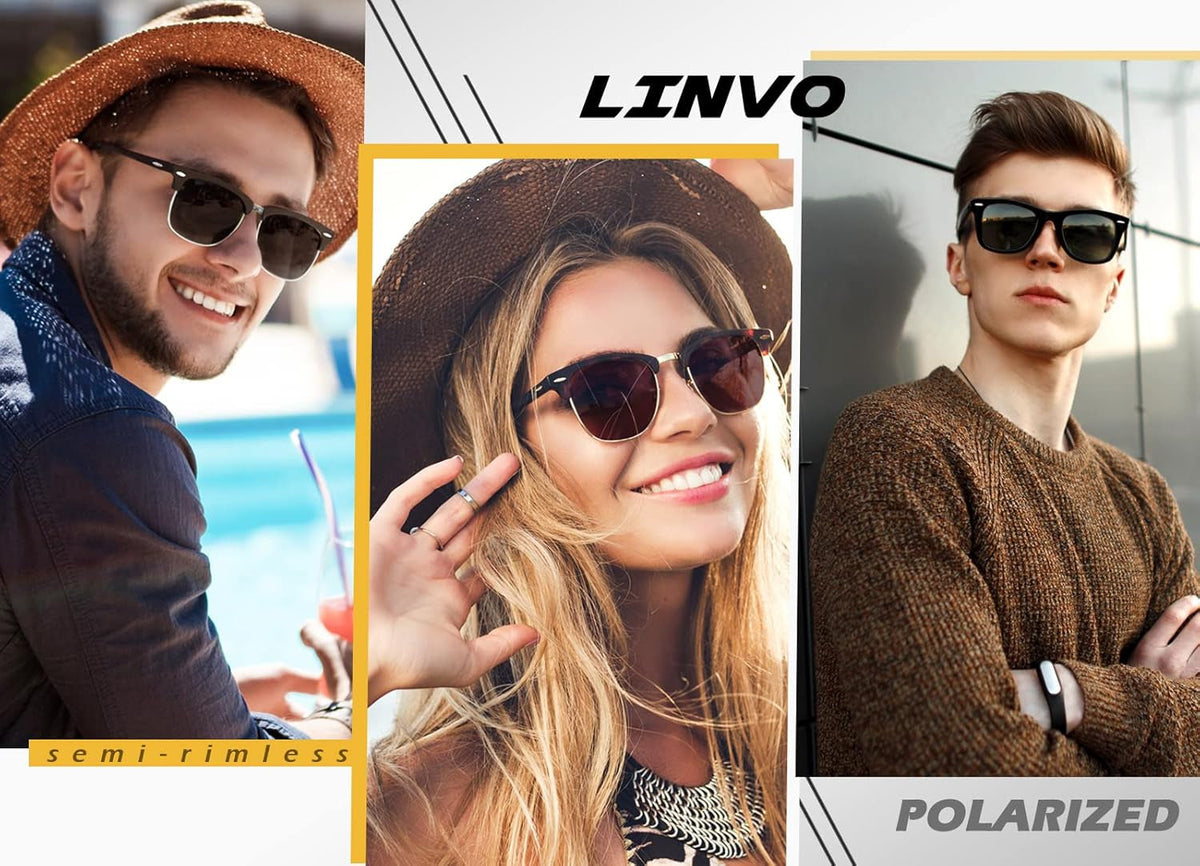 Polarized Semi Rimless Sunglasses for Men Women, Classic Retro Shades Half Frame Driving Sun Glasses UV Protection