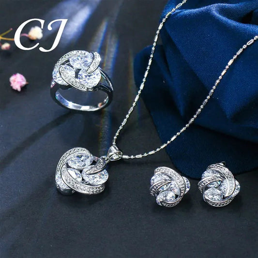 CANDICE Korean Fashion Sterling Silver Plated Women Elegant Pendant Necklace Earrings and Ring Sets Inlay Pure AAA Cubic Zirconia Knot Jewelry Set for Lady（US 6-9)