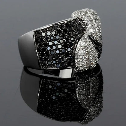 Ladies White and Black Sapphire 925 Sterling Silver Cocktail Women Wedding Leaf Ring Gifts