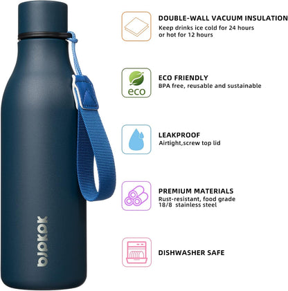 Insulated Water Bottles, 18 Oz Stainless Steel Metal Water Bottle with Strap, BPA Free Leak Proof Thermos, Mugs, Flasks, Reusable Water Bottle for Sports & Travel, Navy Blue