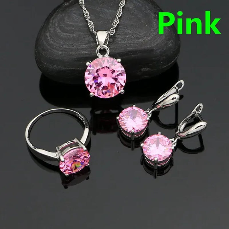 White Topaz 925 Sterling Silver Jewelry Ring Pendant Chain Earrings Set Classic Wedding Jewelry for Women Bride 3pcs