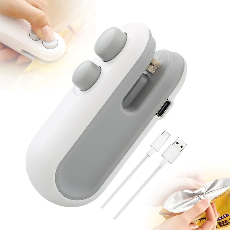 Mini Bag Sealer, 2024 New 2 in 1 Usb Rechargeable Chip Bag Sealer Heat Seal, Portable Handheld Rechargeable Vacuum Food Sealer Bag Sealing Machine for Snacks Chips Fresh Storage (White)