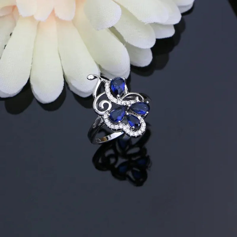 Blue Sapphire Silver 925 Jewelry Set White Topaz Charm for Women Stones Leaves Earrings Rings Bracelet Necklace Set