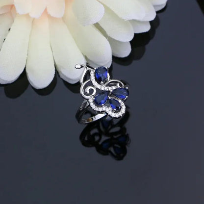 Blue Sapphire Silver 925 Jewelry Set White Topaz Charm for Women Stones Leaves Earrings Rings Bracelet Necklace Set