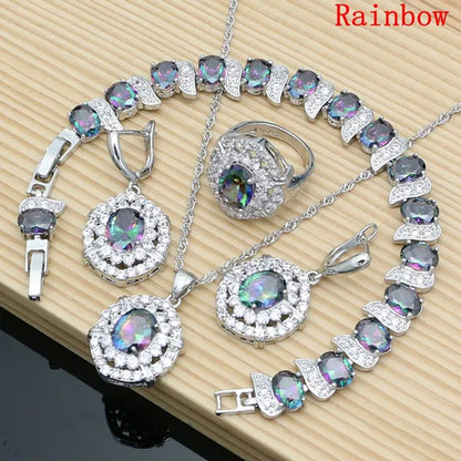Oval 925 Silver Party Jewelry Sets blue sapphire White CZ Earrings Pendant Necklace Rings Bracelet Gift For Women