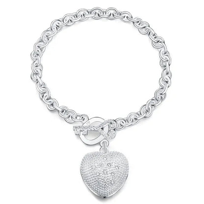 925 Sterling Silver Bracelet Jewelry Shiny Crystal Heart Key Bracelet for Women Christmas Gift