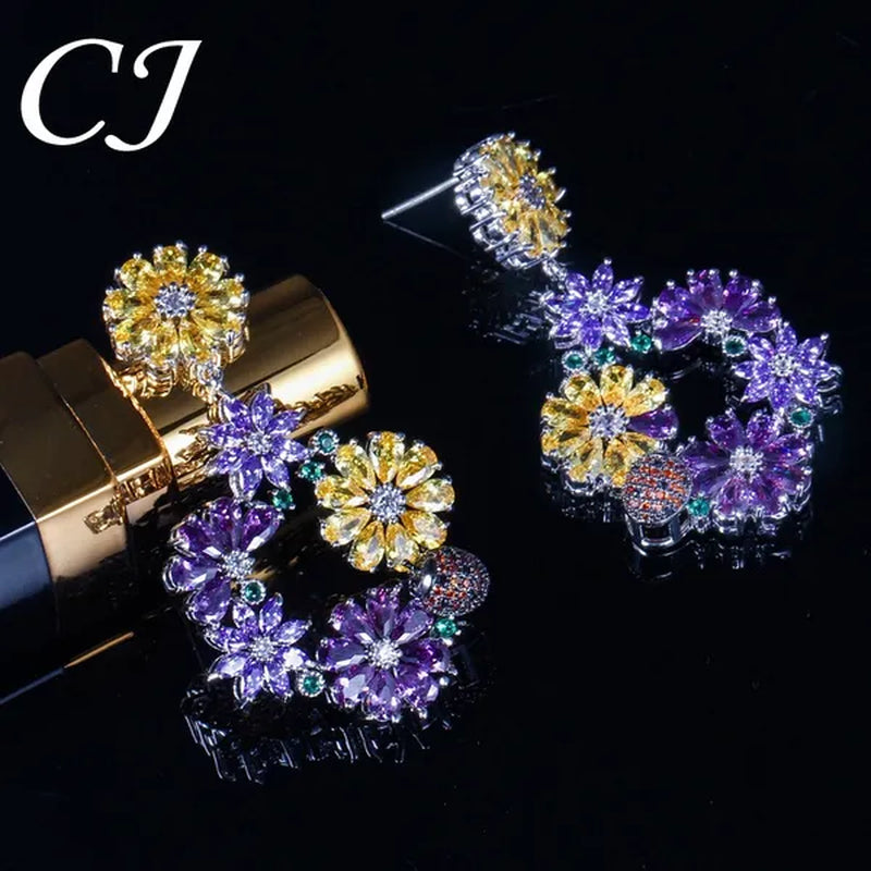 CANDICE Noble Purple Crystal Big Long Dropping Earrings Setting White Gold Plated Yellow Cubic Zirconia Graceful Floral Women Prom Party Jewelry With Sterling Silver Plated
