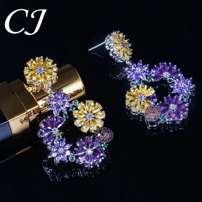 CANDICE Noble Purple Crystal Big Long Dropping Earrings Setting White Gold Plated Yellow Cubic Zirconia Graceful Floral Women Prom Party Jewelry With Sterling Silver Plated