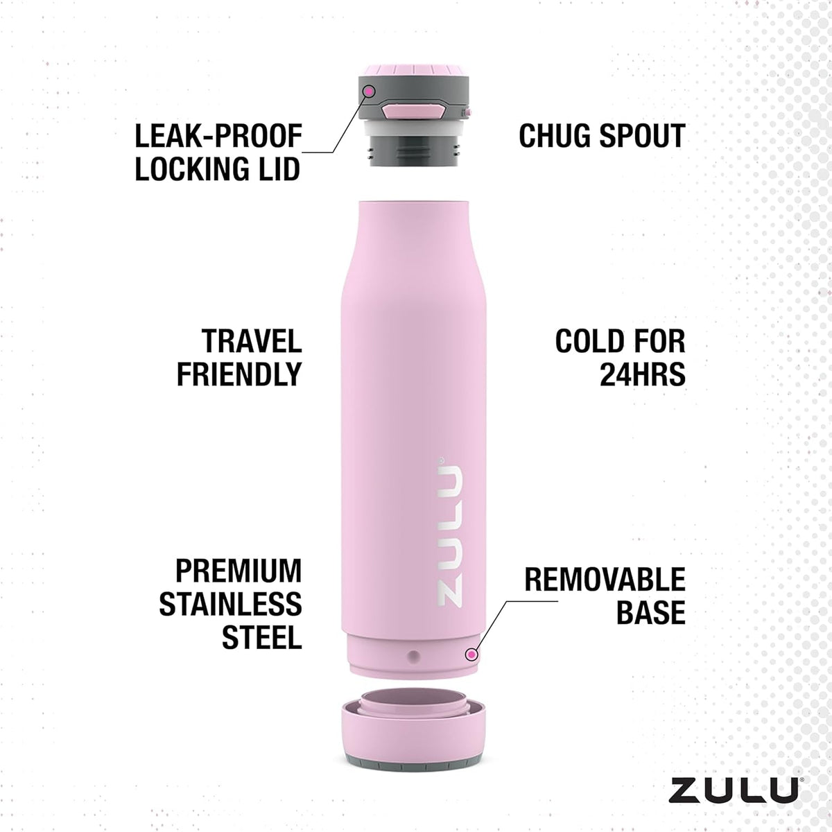 Ace Vacuum Insulated Stainless Steel Water Bottle with Chug Spout, Leak-Proof Locking Lid and Removable Base for School, Backpack, Sports, Gym, Travel