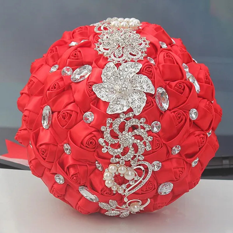 24CM Customized Silk Rose Wedding Bouquet Sapphire blue Artificial Flowers Wedding Bridal Bouquet Luxury Crystal Pearl Brooch Bridesmaid Bride Holding Flowers
