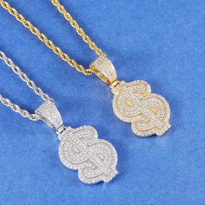 Full Diamonds Heart Shape / US Dollar Symbol Pendant with 24" Rope Chain Necklace Iced Out Brass Jewelry for Man Woman