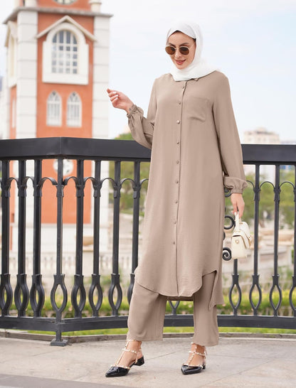 Abayas for Women Muslim Long Sleeve Button Shirt and Pants 2 Pieces Sets Dubai Islamic Prayer Casual Ramadan Outfits