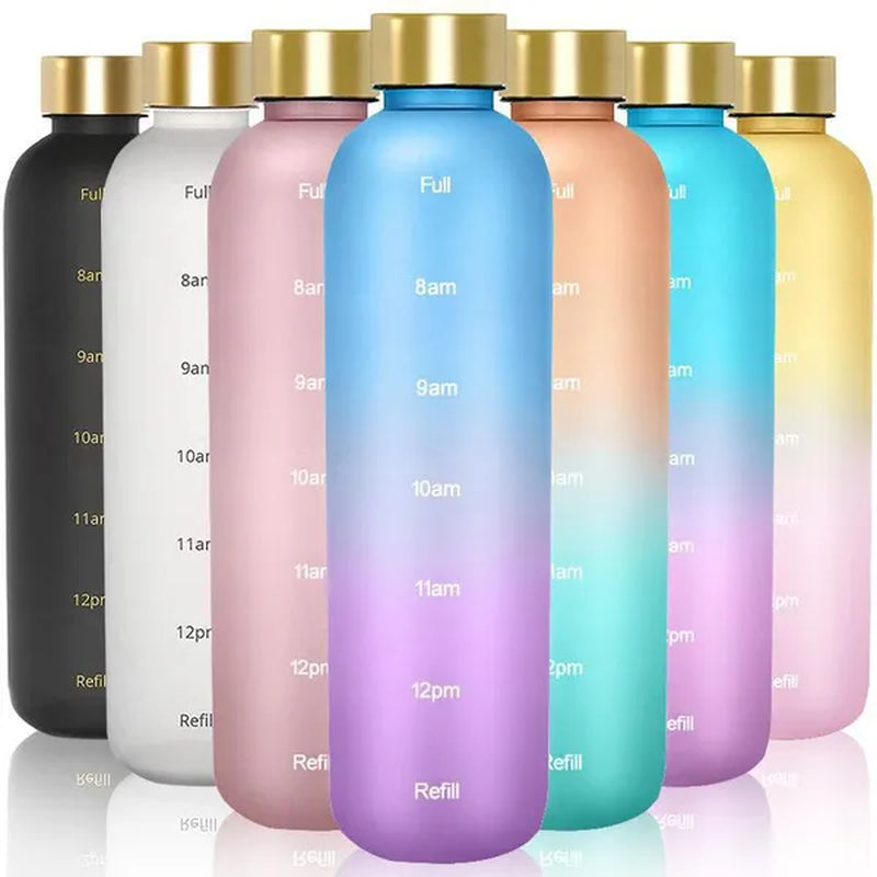 Water Bottle with Time Marker, 32oz Motivational Water Bottle, Reusable Spill-Proof Frosted Plastic Water Bottle for Gym, Sports, Travel, Fitness, School and Work