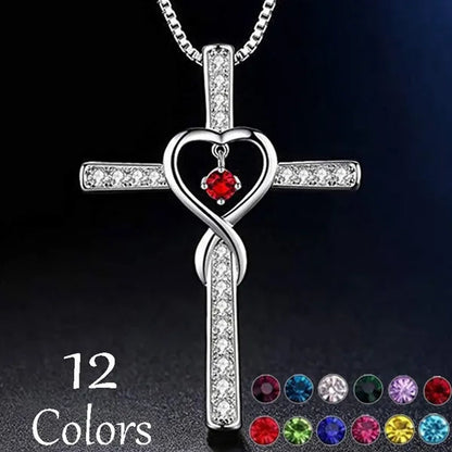Infinity Love God We Trust Christian Cross Birthstone Diamond Rhinestone Pendant Necklace Birthday Gifts Jewelry For Women Christmas Girls