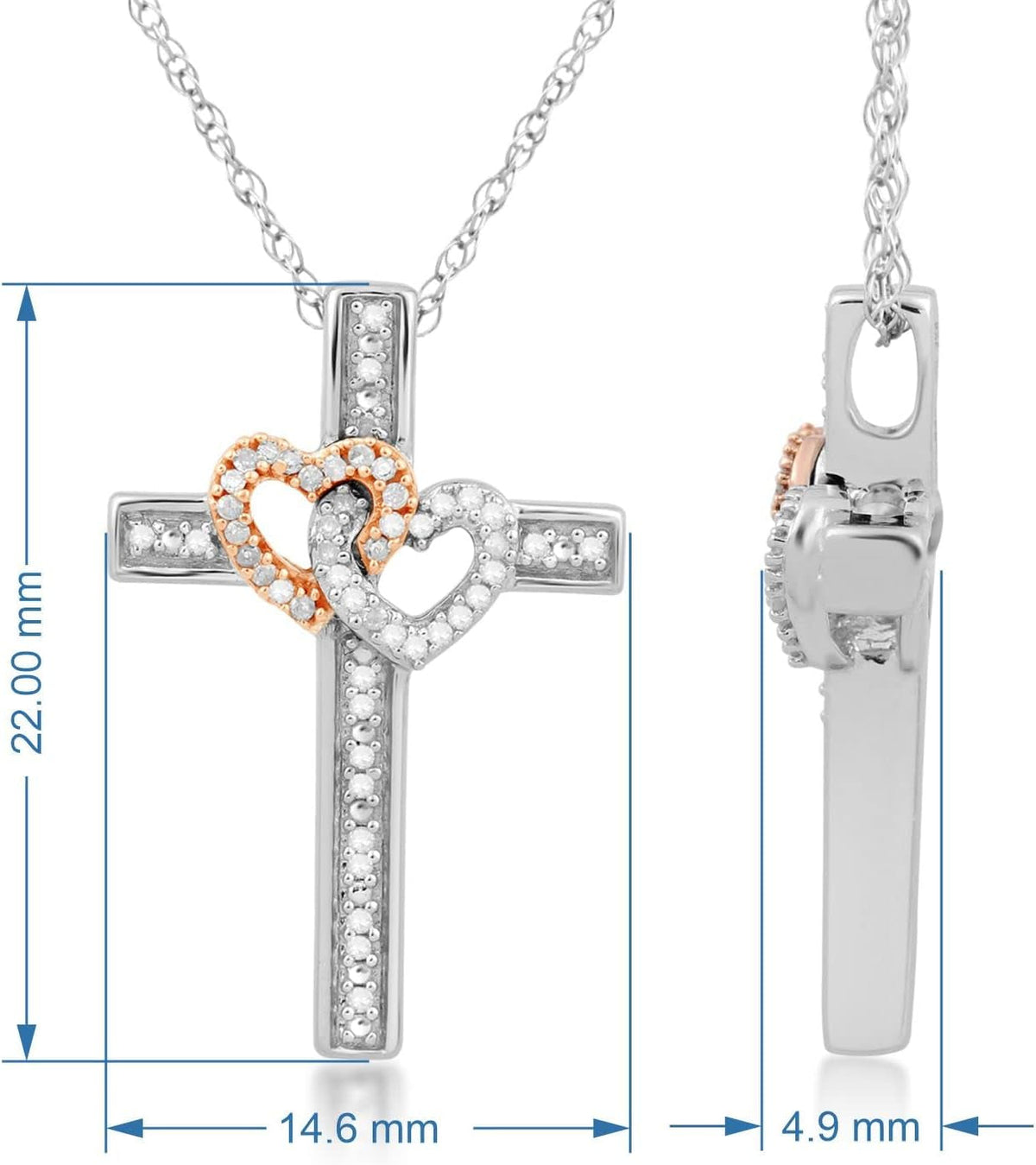 Sterling Silver and 10K Rose Gold 1/10 Cttw Natural White round Diamond Double Heart Cross Pendant Necklace, 18" Rope Chain