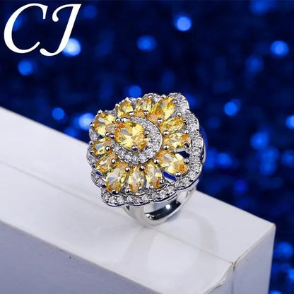 CANDICE Sparkling AAA Oval Yellow Cubic Zirconia Women Sterling Silver Plated Ring for Wedding Party（Us SIZE 6-9）