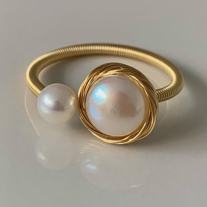 Handcrafted Natural Baroque Pearl Ring Winding Design Opening Adjustable 14K Gold Plated Material Beads