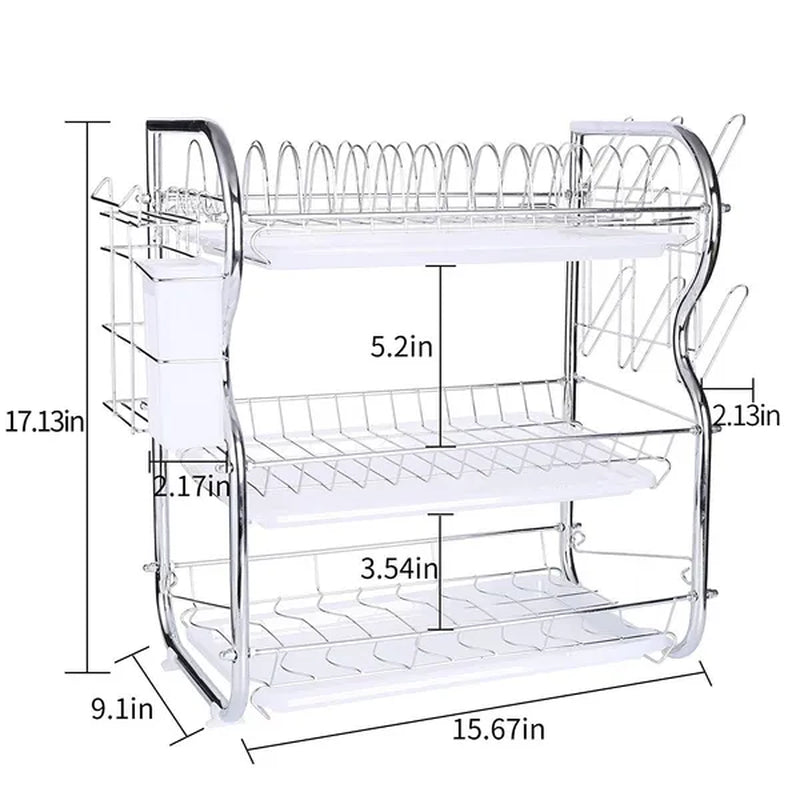 Dish Drying Rack 3-Tier Dish Drainer Rack Kitchen Storage with Drainboard and Cutlery Cup Dish Shelf Tableware Holder