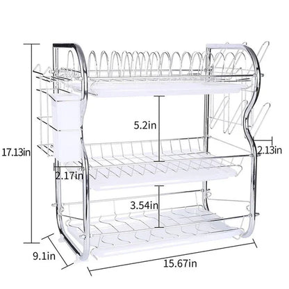 Dish Drying Rack 3-Tier Dish Drainer Rack Kitchen Storage with Drainboard and Cutlery Cup Dish Shelf Tableware Holder