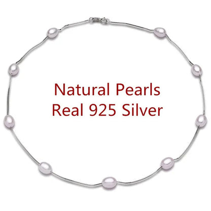 Real 925 Sterling Silver Natural White Ellipse Freshwater Pearl Chain Necklace for Women Gifts FEIGE