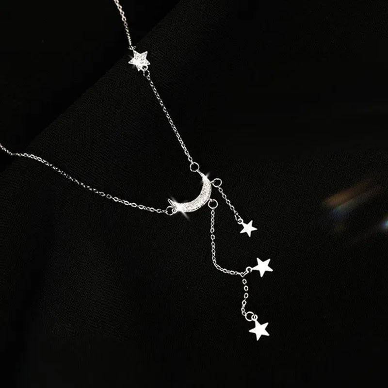 925 Silver Sterling Tassel Star Moon Necklace For Women Clavicle Chain Woman Jewelry Birthday Gift Accessories