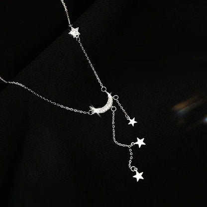 925 Silver Sterling Tassel Star Moon Necklace For Women Clavicle Chain Woman Jewelry Birthday Gift Accessories