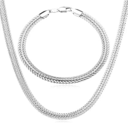 FASHION 925 Sterling Silver Men Party Jewelry Men's Foxtail Chain Necklace Bracelet Jewelry Set